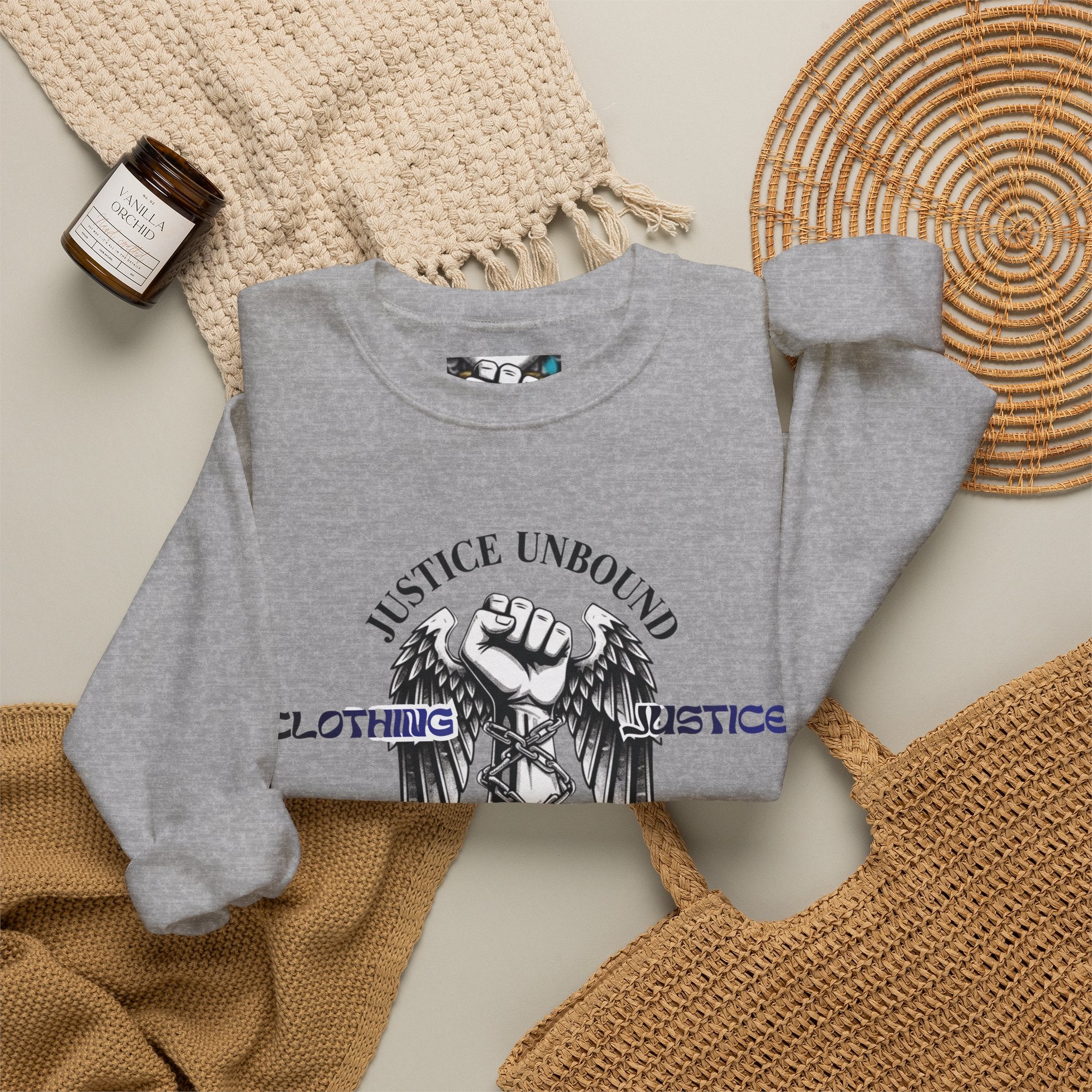 Justice Unbound Graphic Crewneck Sweatshirt — Bold Statue & Ram Motif
