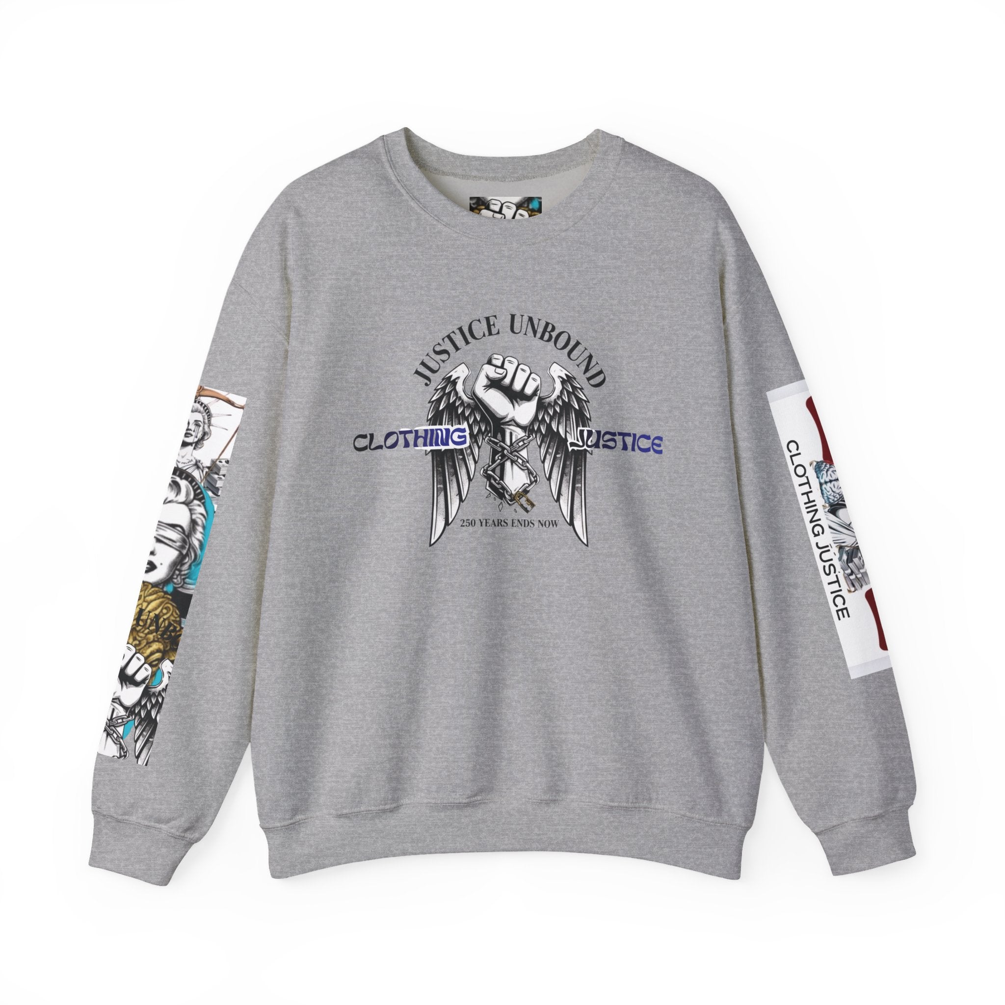 Justice Unbound Graphic Crewneck Sweatshirt — Bold Statue & Ram Motif