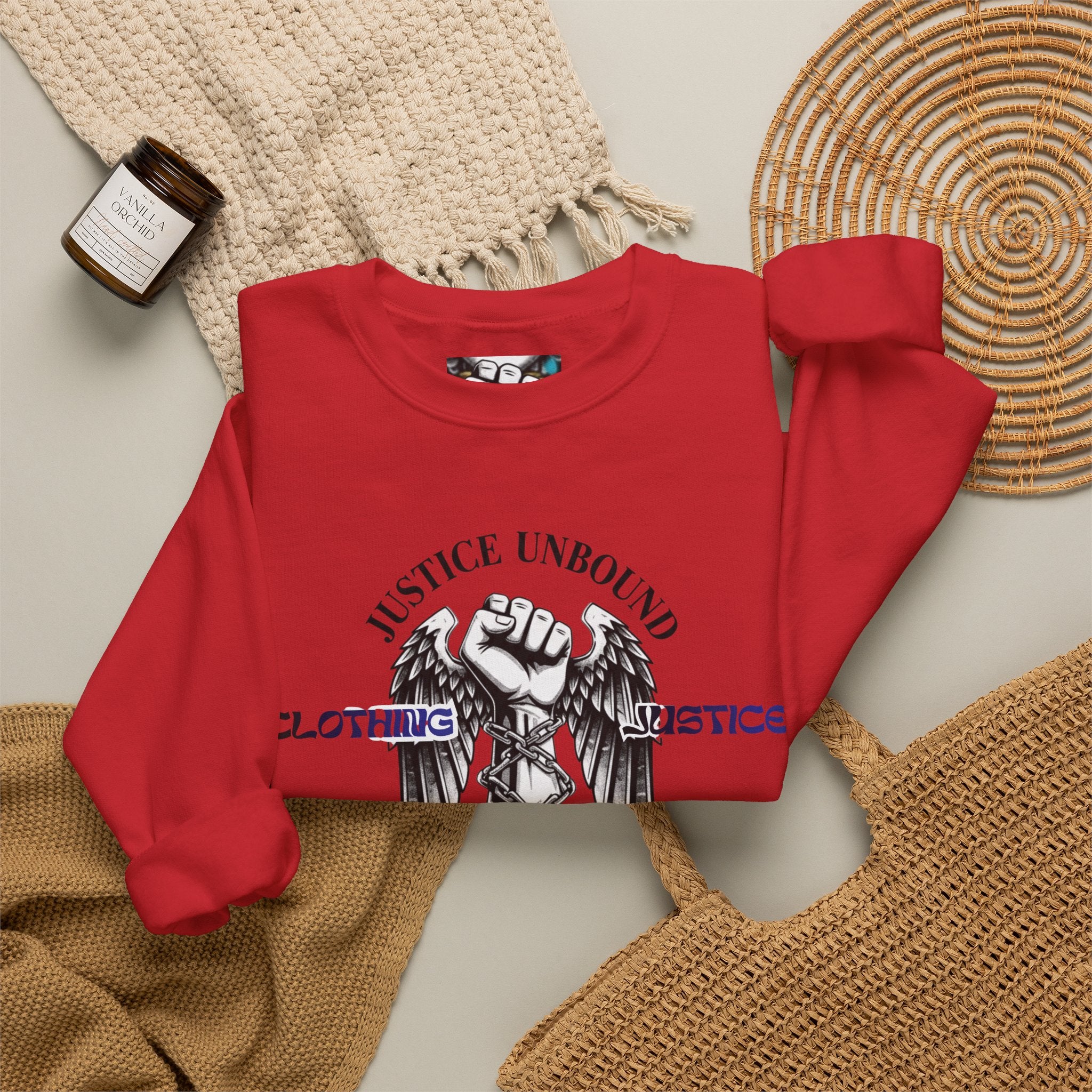 Justice Unbound Graphic Crewneck Sweatshirt — Bold Statue & Ram Motif
