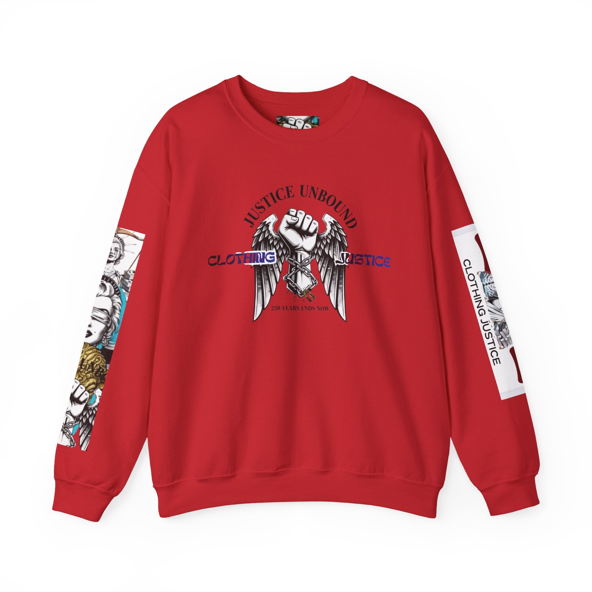 Justice Unbound Graphic Crewneck Sweatshirt — Bold Statue & Ram Motif