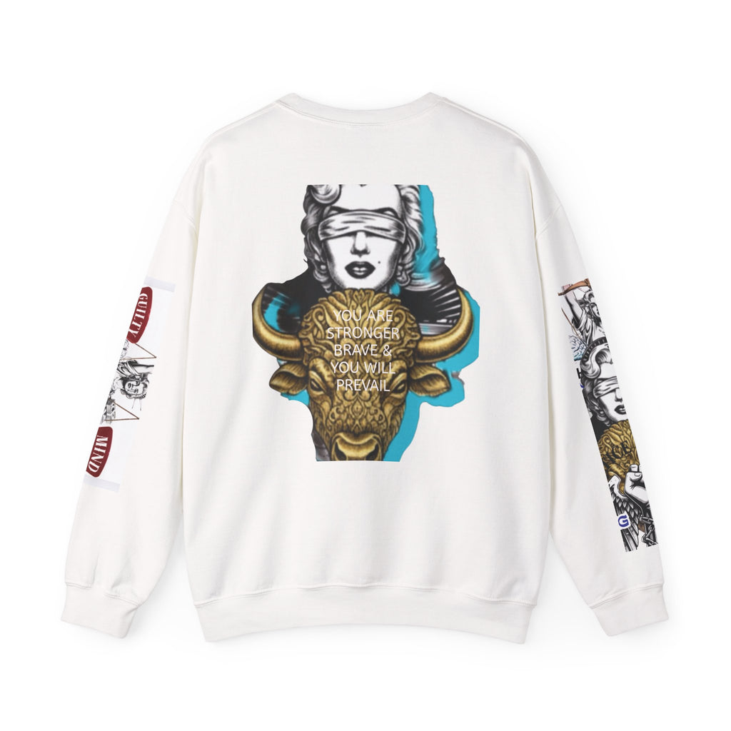 Justice Unbound Graphic Crewneck Sweatshirt — Bold Statue & Ram Motif