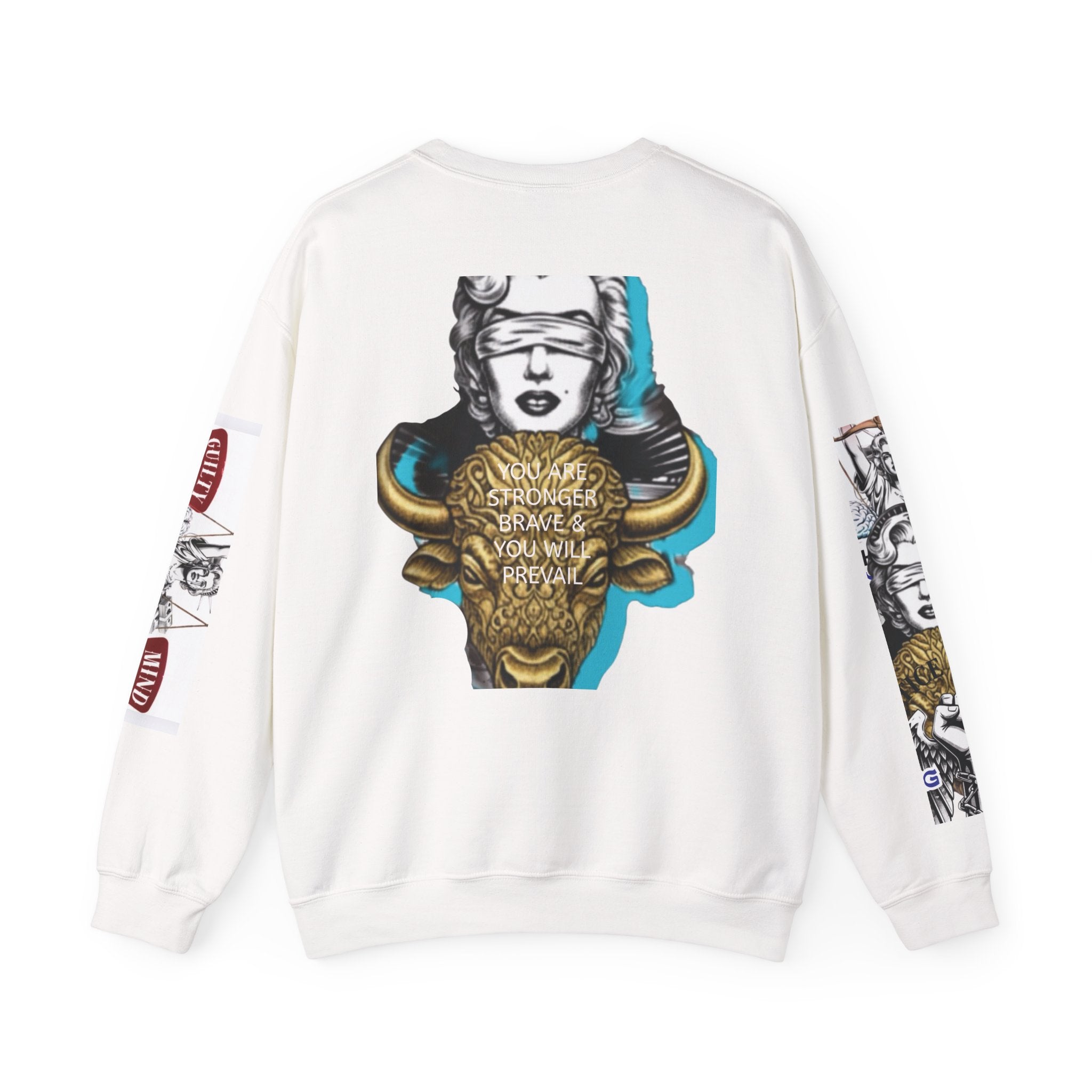 Justice Unbound Graphic Crewneck Sweatshirt — Bold Statue & Ram Motif