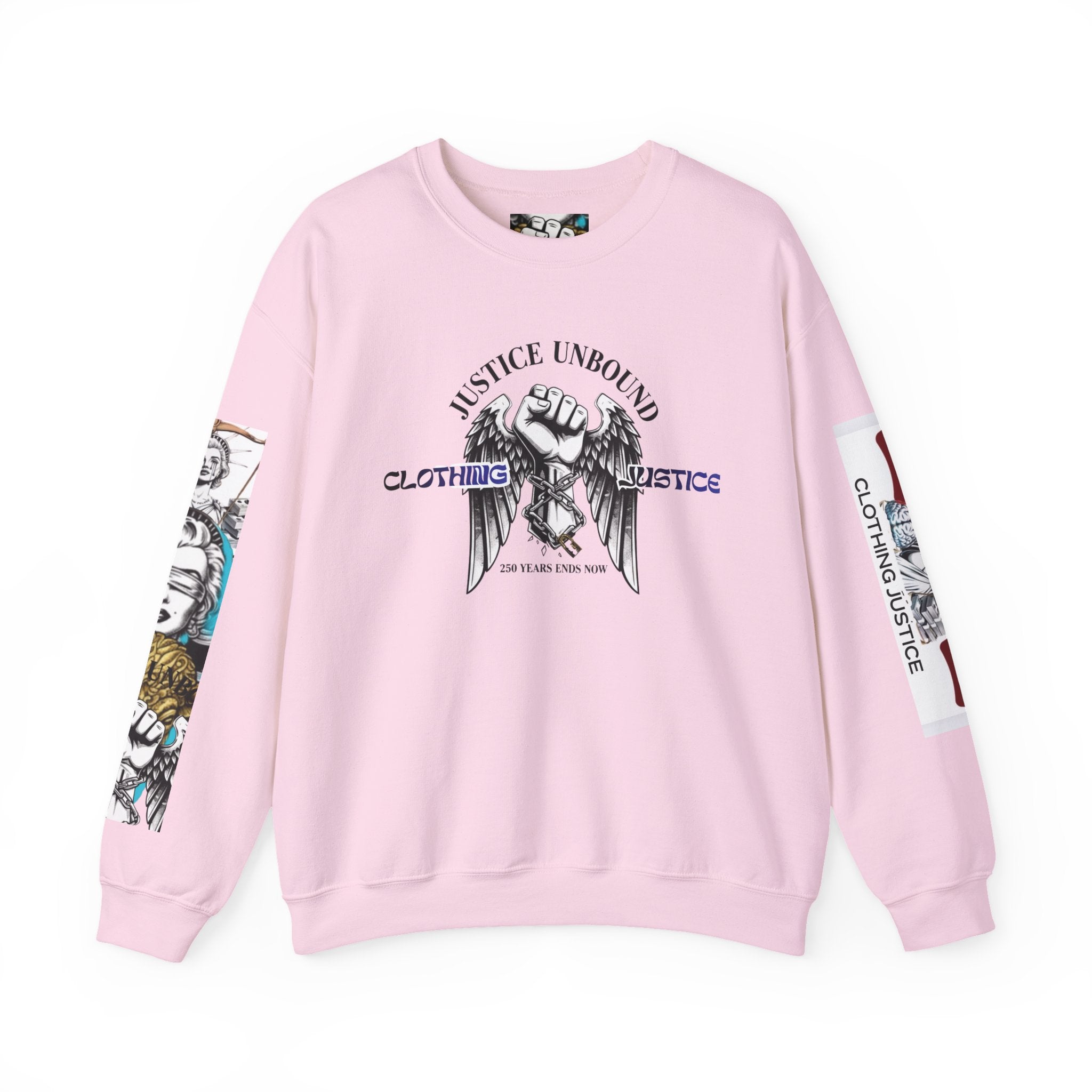 Justice Unbound Graphic Crewneck Sweatshirt — Bold Statue & Ram Motif