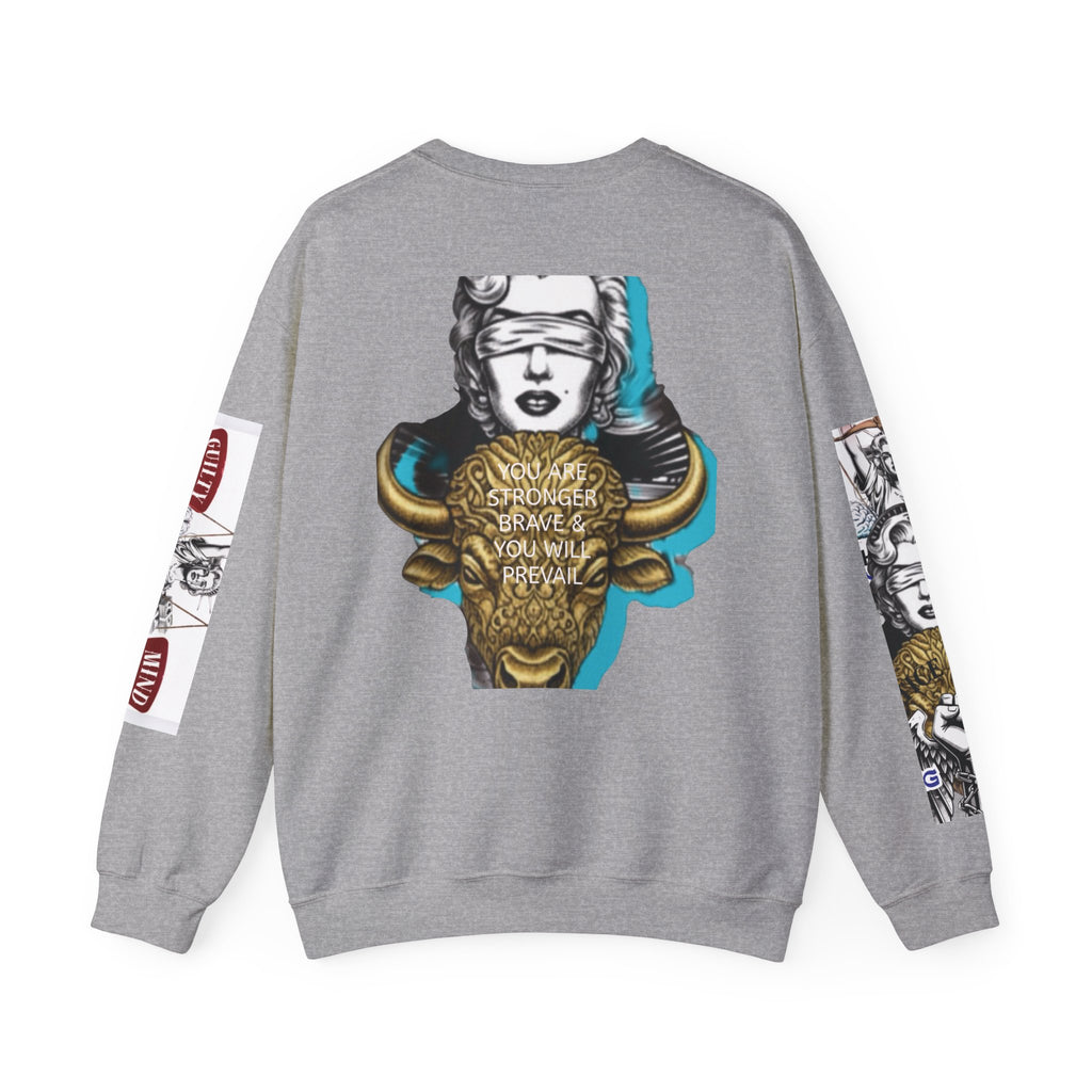 Justice Unbound Graphic Crewneck Sweatshirt — Bold Statue & Ram Motif