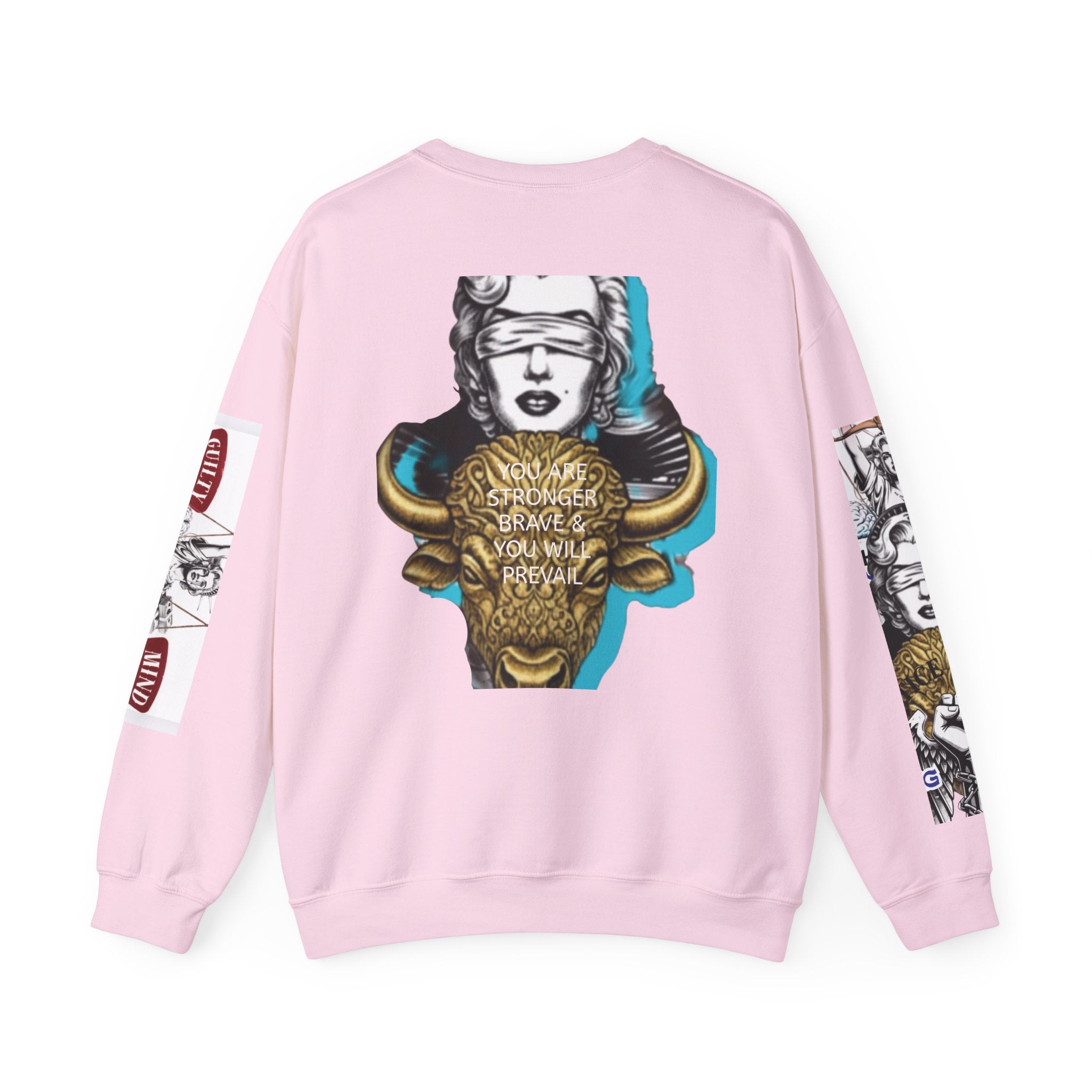 Justice Unbound Graphic Crewneck Sweatshirt — Bold Statue & Ram Motif