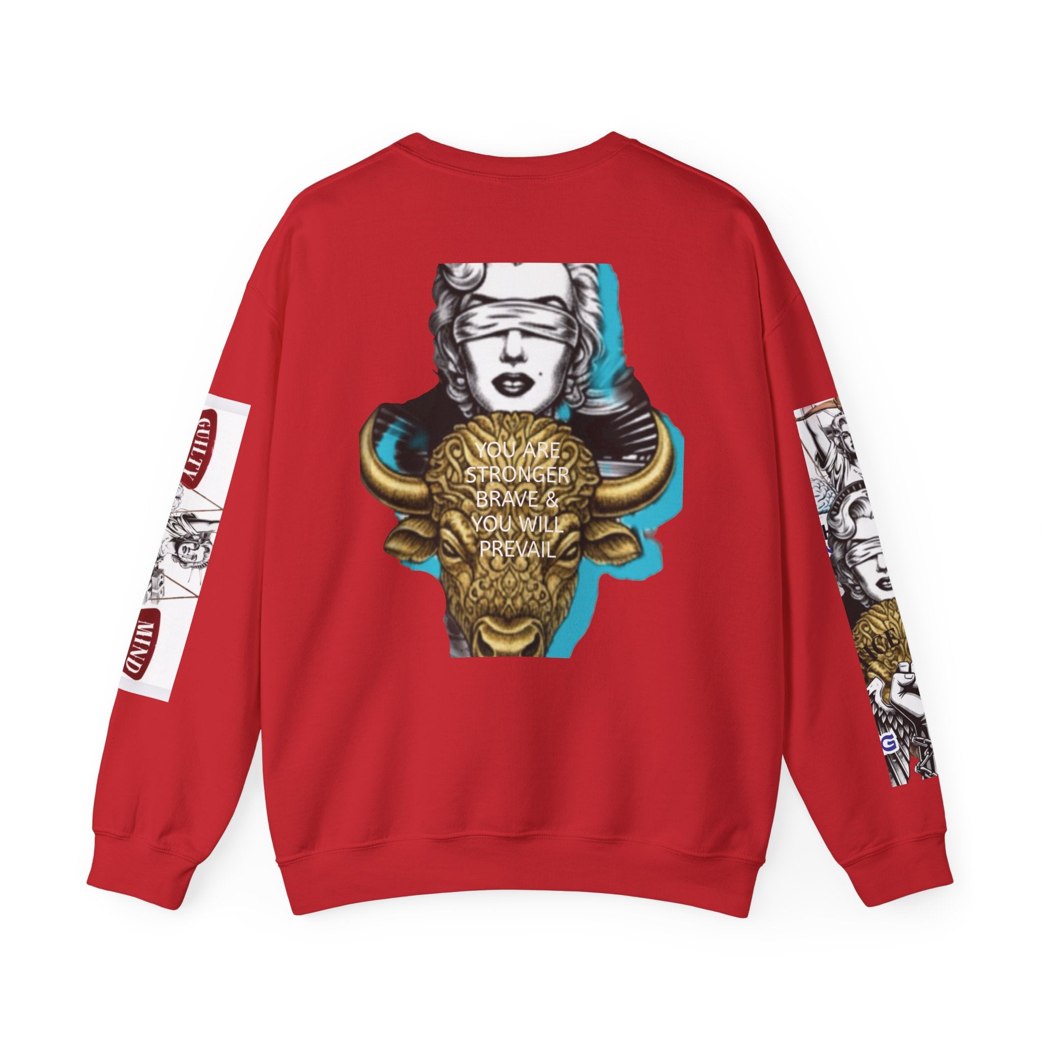 Justice Unbound Graphic Crewneck Sweatshirt — Bold Statue & Ram Motif