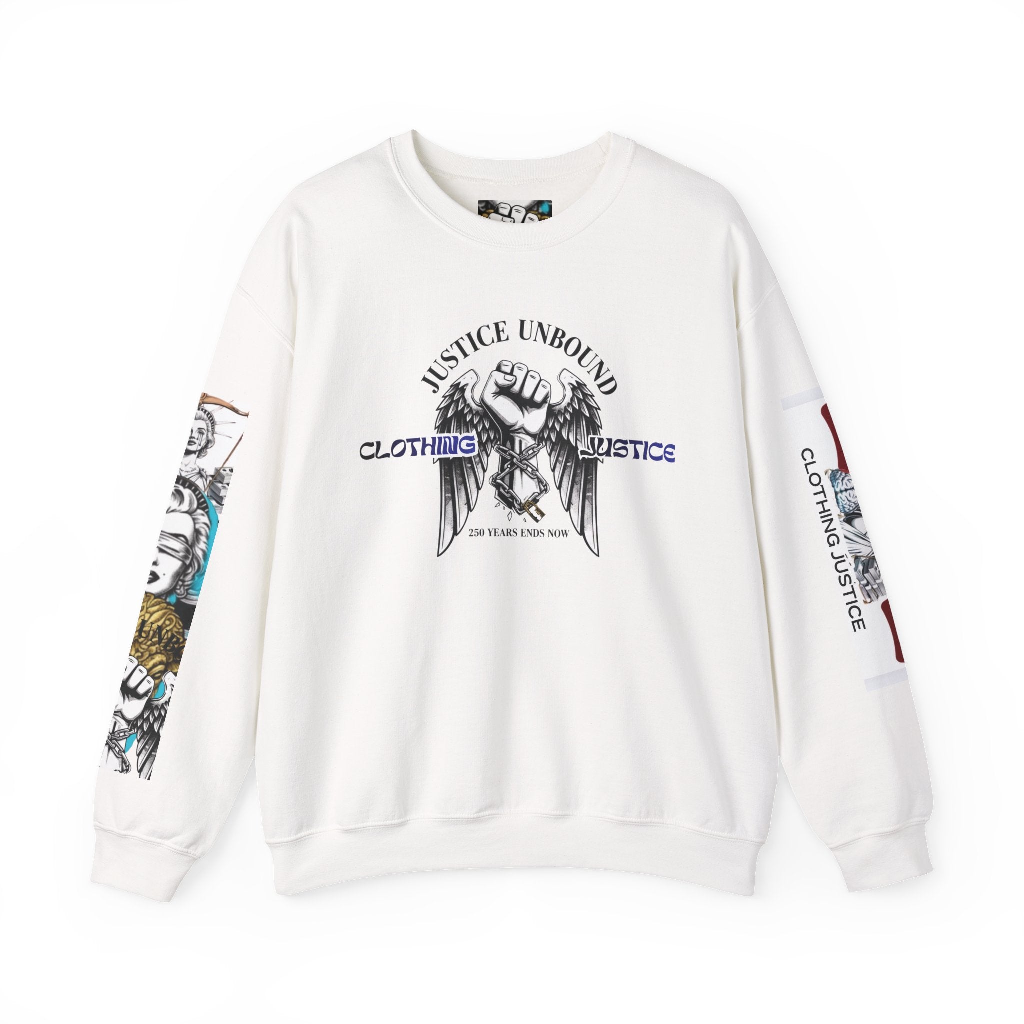 Justice Unbound Graphic Crewneck Sweatshirt — Bold Statue & Ram Motif