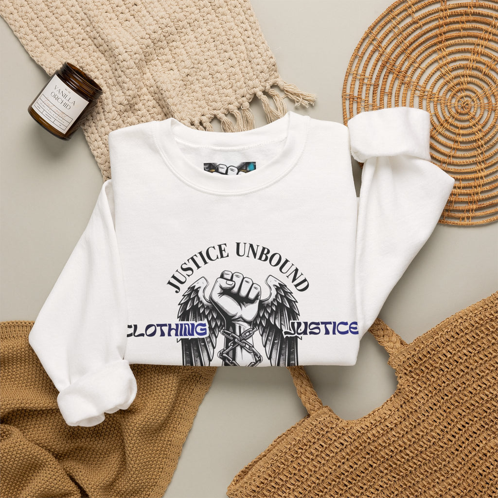 Justice Unbound Graphic Crewneck Sweatshirt — Bold Statue & Ram Motif