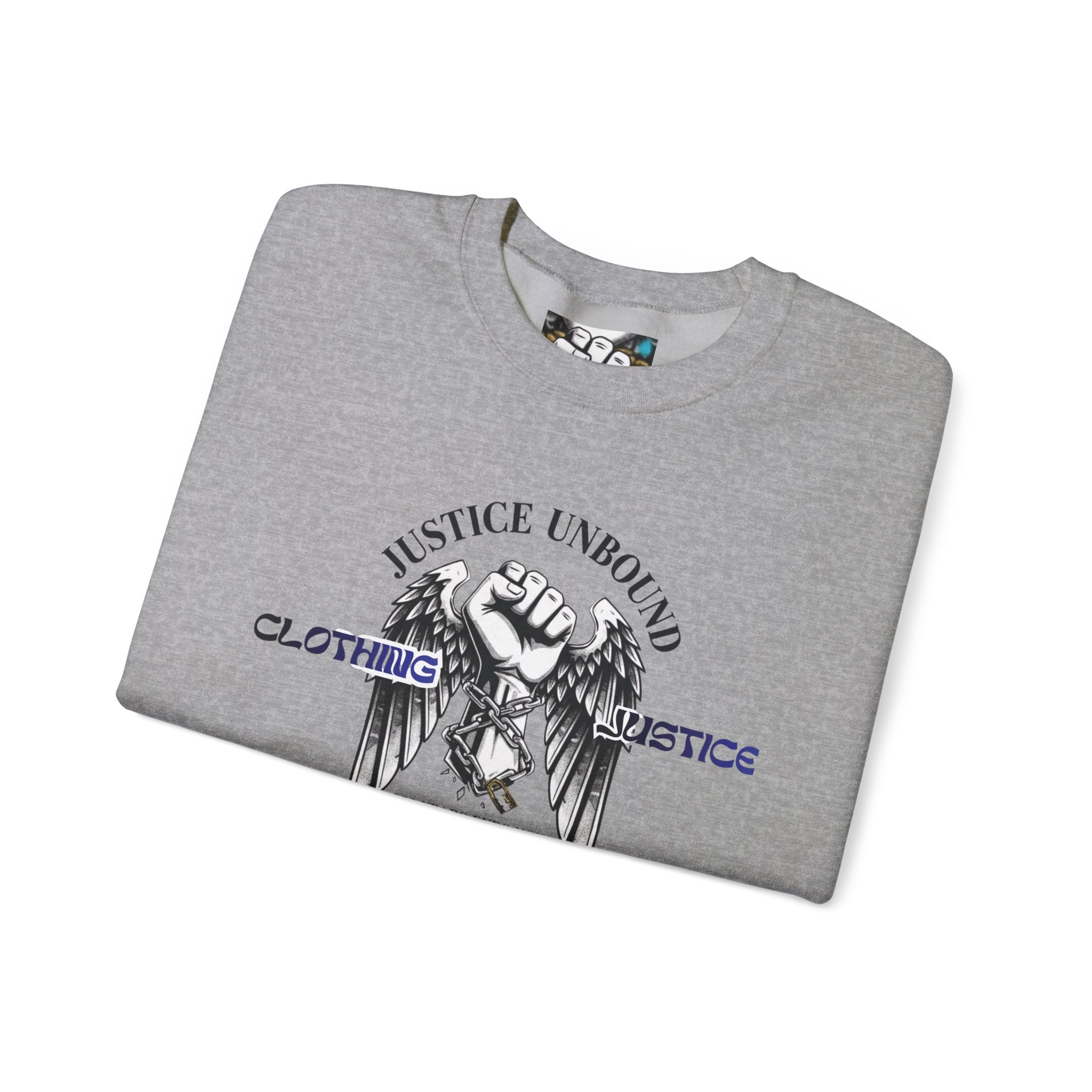 Justice Unbound Graphic Crewneck Sweatshirt — Bold Statue & Ram Motif