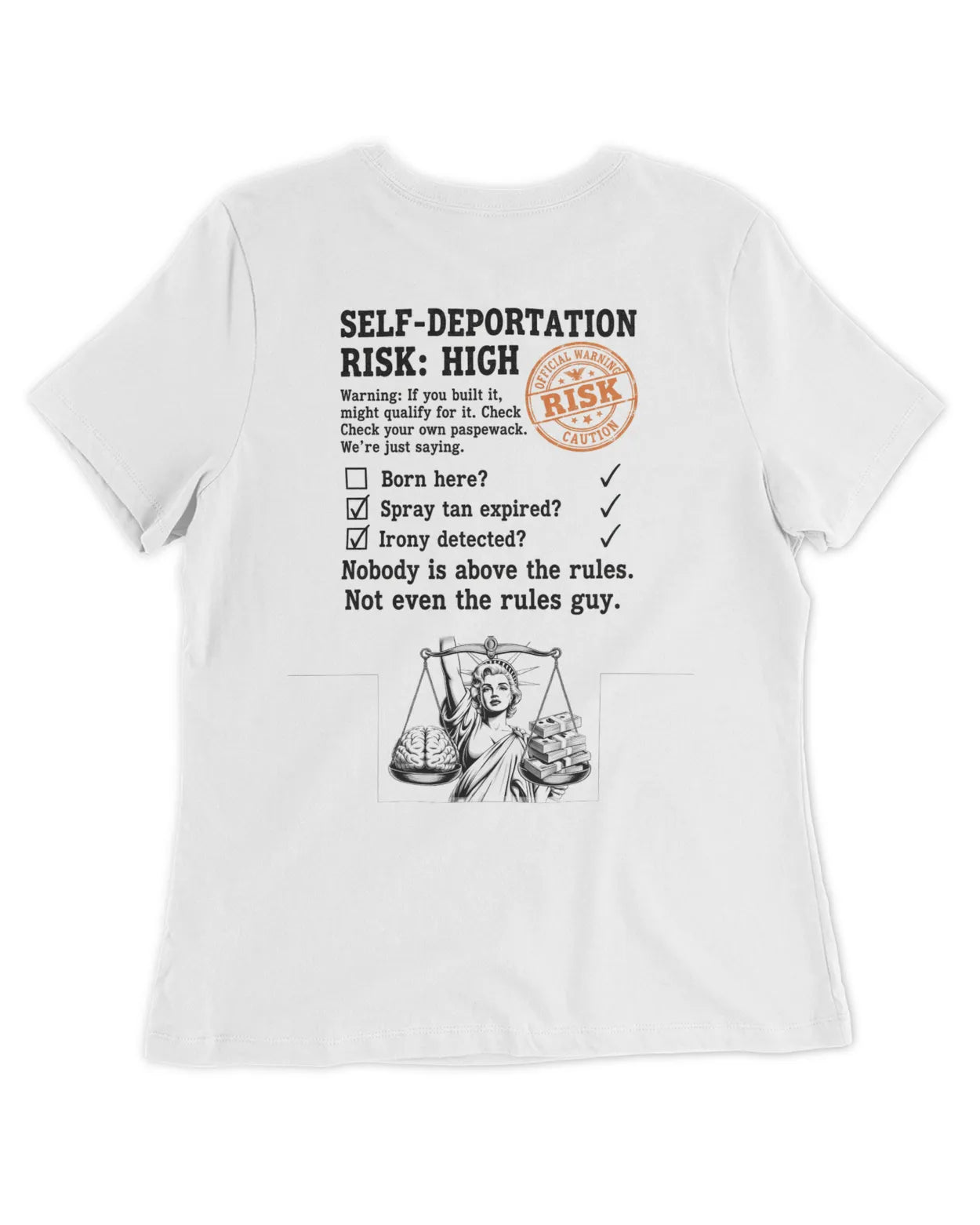 Self-Deportation Risk Tee — Orange Women’s Fitted T-Shirt | Clothing Justice