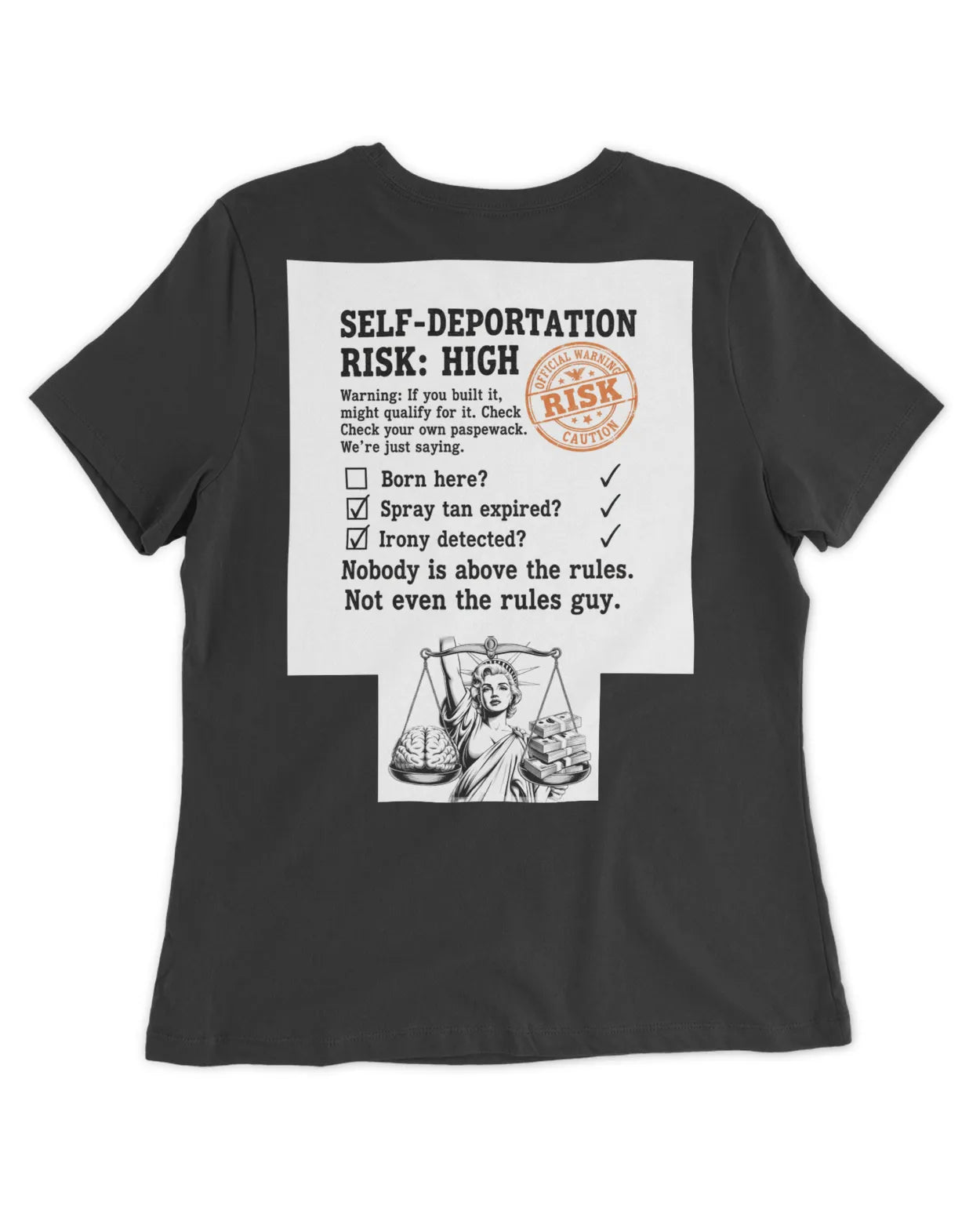 Self-Deportation Risk Tee — Orange Women’s Fitted T-Shirt | Clothing Justice