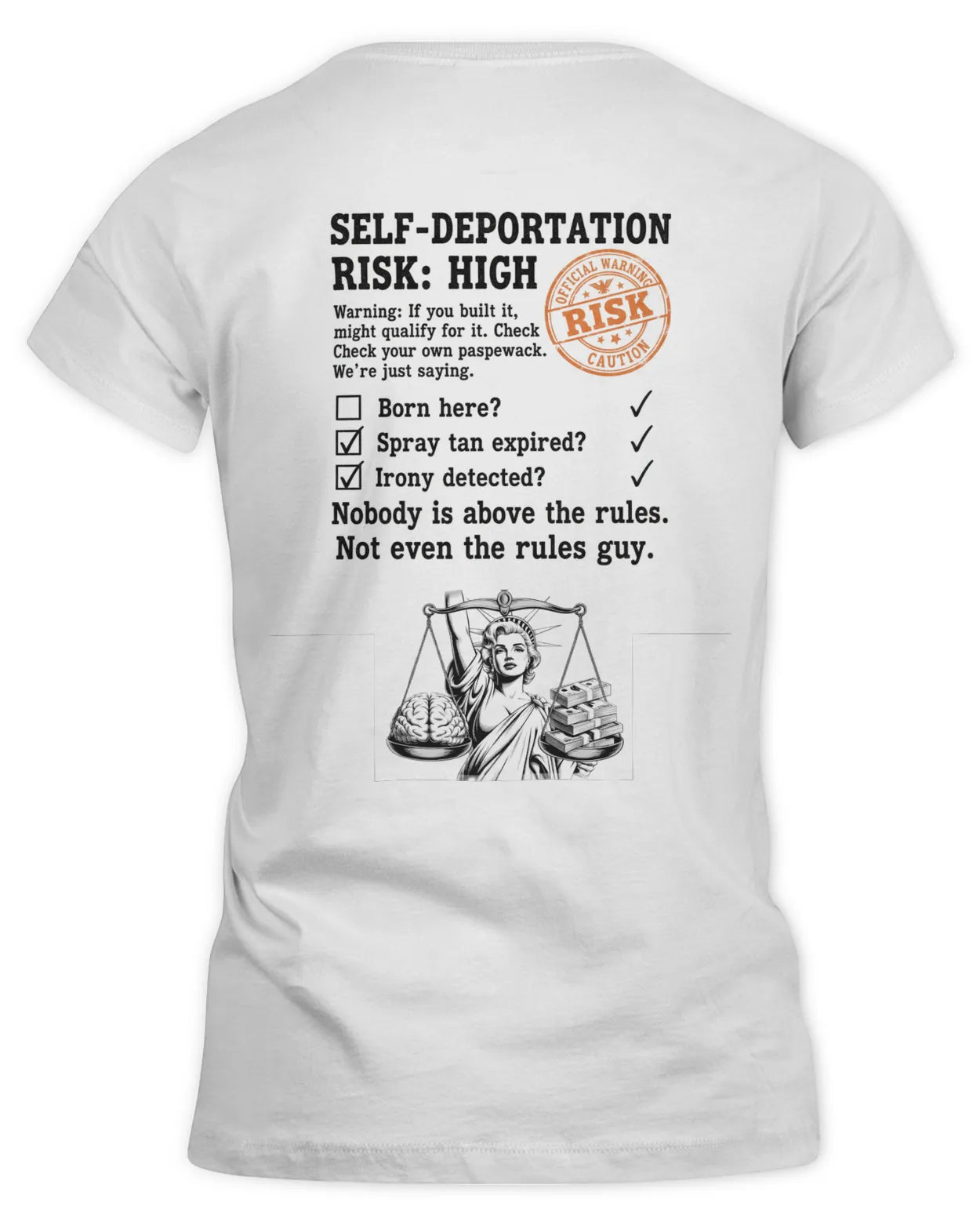 Self-Deportation Risk Tee — Orange Women’s Fitted T-Shirt | Clothing Justice