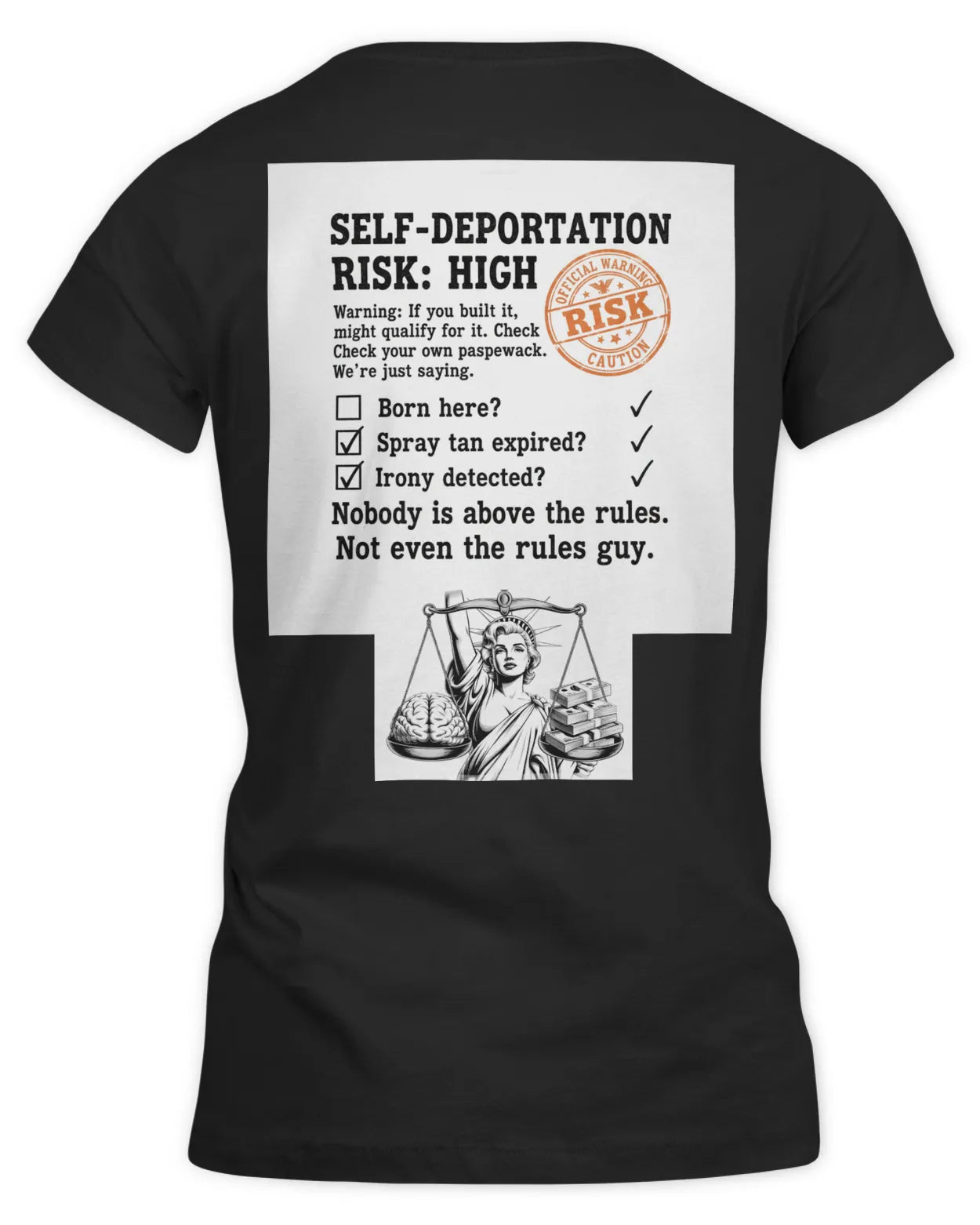 Self-Deportation Risk Tee — Orange Women’s Fitted T-Shirt | Clothing Justice